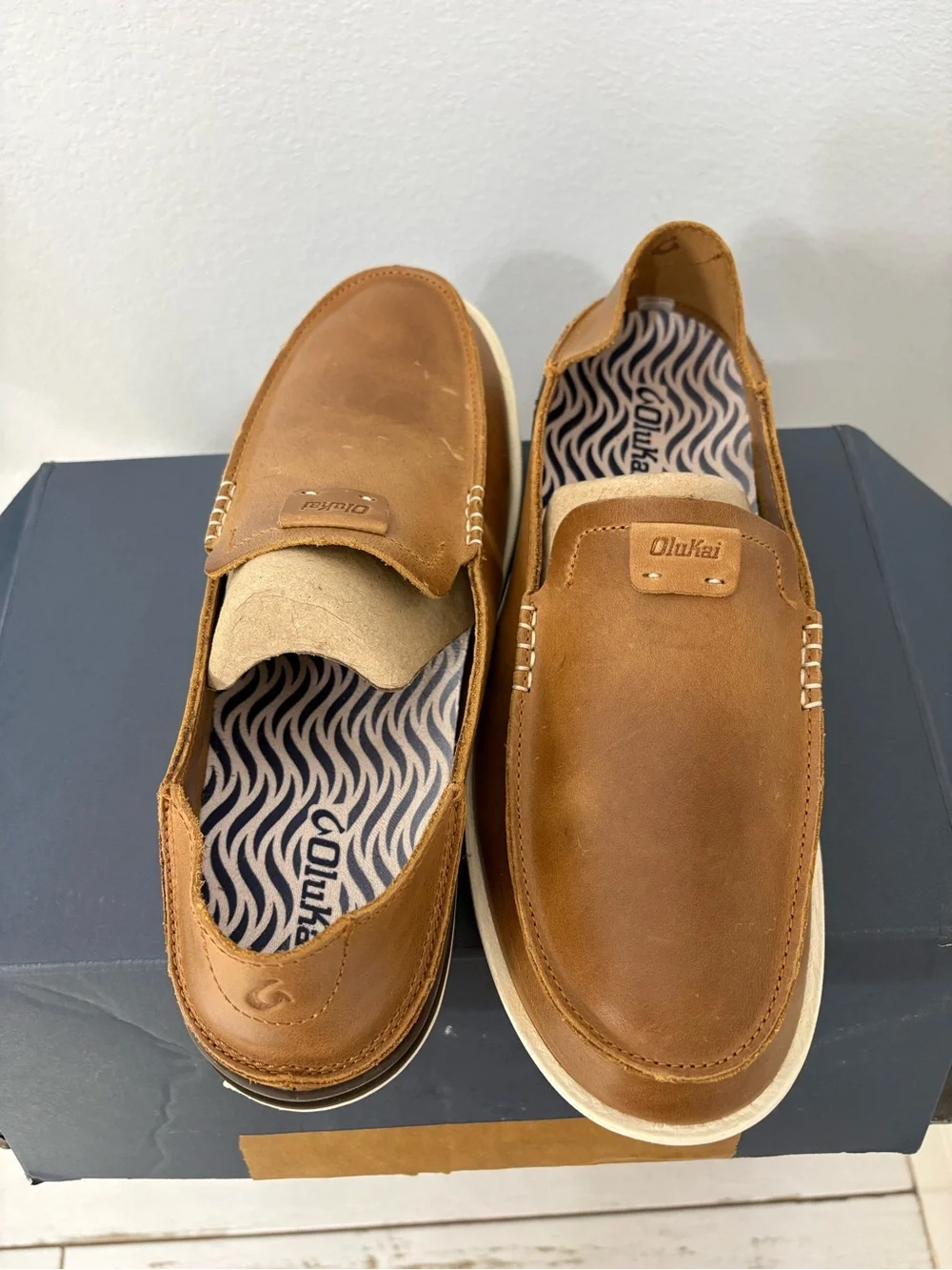 OluKai Brown Leather Slip-On Loafers with Cream Sole